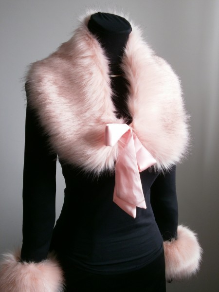 Kožušinová štóla + rukávniky - Ružová svetlá - Light Pink